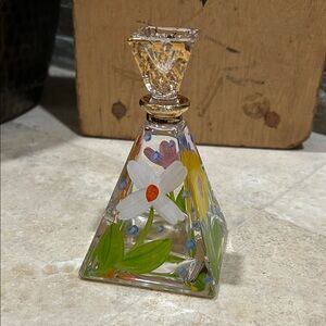 Vintage NOBLE EXCELLENCE Pyramid Floral hand-painted glass Perfume Bottle